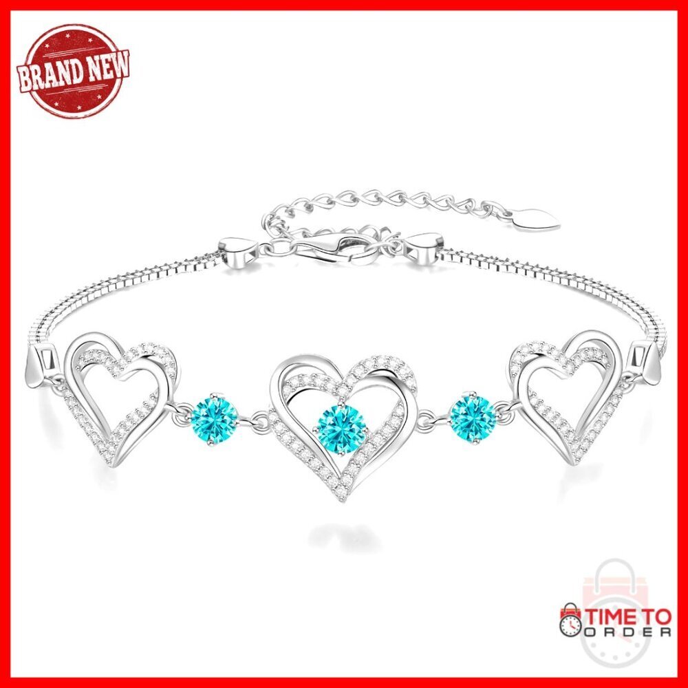Sterling Silver Heart Link Bracelet with Birthstone, 7.09 Inch Lobster Clasp